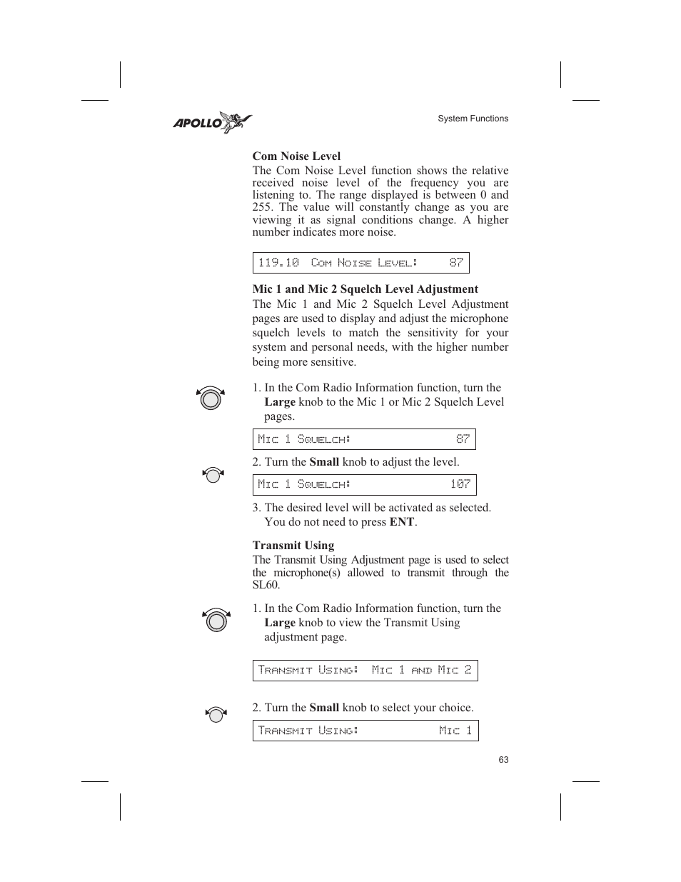 Com noise level 63, Mic 1 and mic 2 squelch level adjustment 63, Transmit using 63 | Mic squelch level 63, Com noise level, Mic 1 and mic 2 squelch level adjustment, Transmit using | Garmin SL60 User Manual | Page 73 / 134