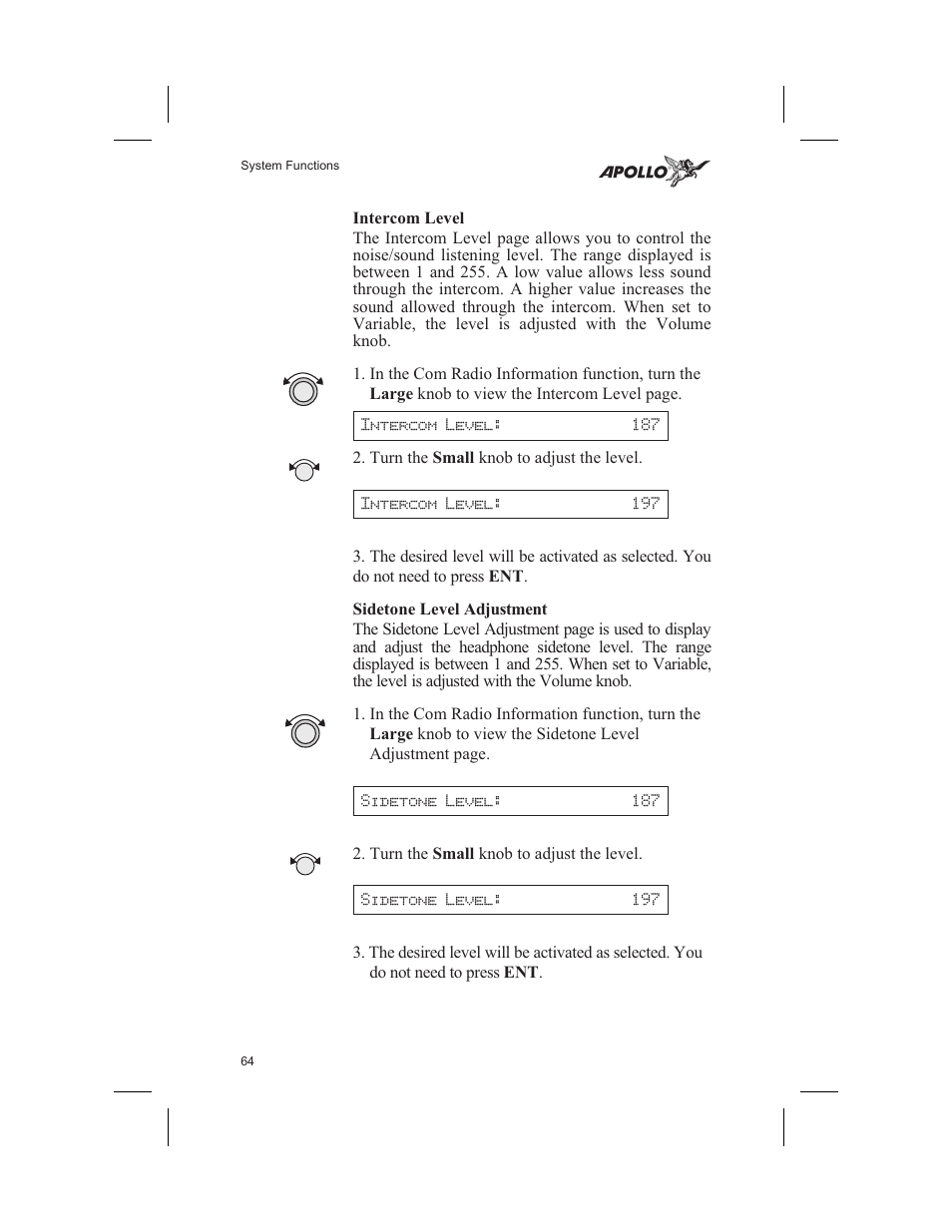 Intercom level 64, Sidetone level adjustment 64, Sidetone level 64 | Intercom level, Sidetone level adjustment | Garmin SL60 User Manual | Page 74 / 134