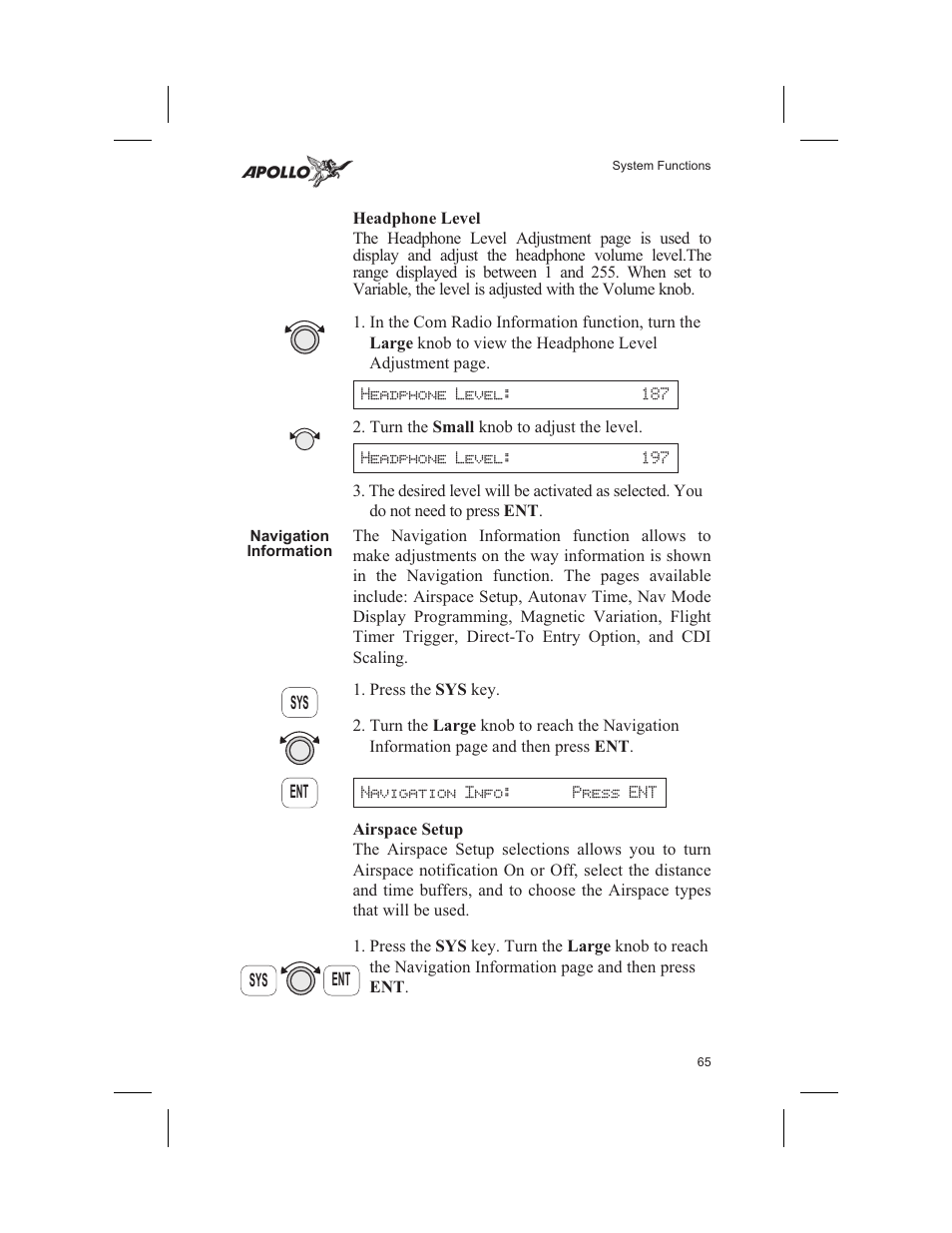 Headphone level 65, Navigation information 65, Airspace setup 65 | Setup 65, Headphone level, Navigation information, Airspace setup | Garmin SL60 User Manual | Page 75 / 134