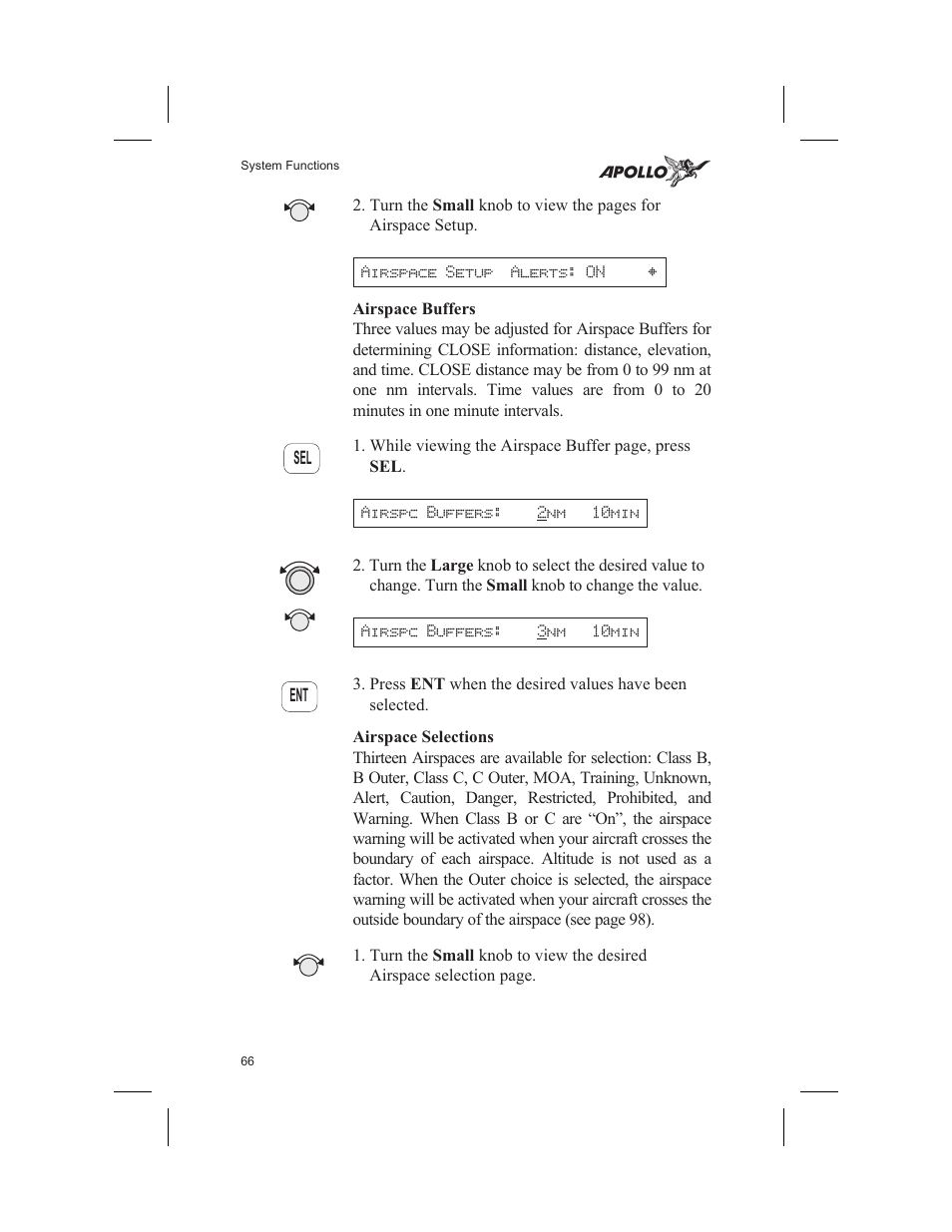 Airspace buffers 66, Airspace selections 66, Buffers 66 | Selections 66, Airspace buffers, Airspace selections | Garmin SL60 User Manual | Page 76 / 134