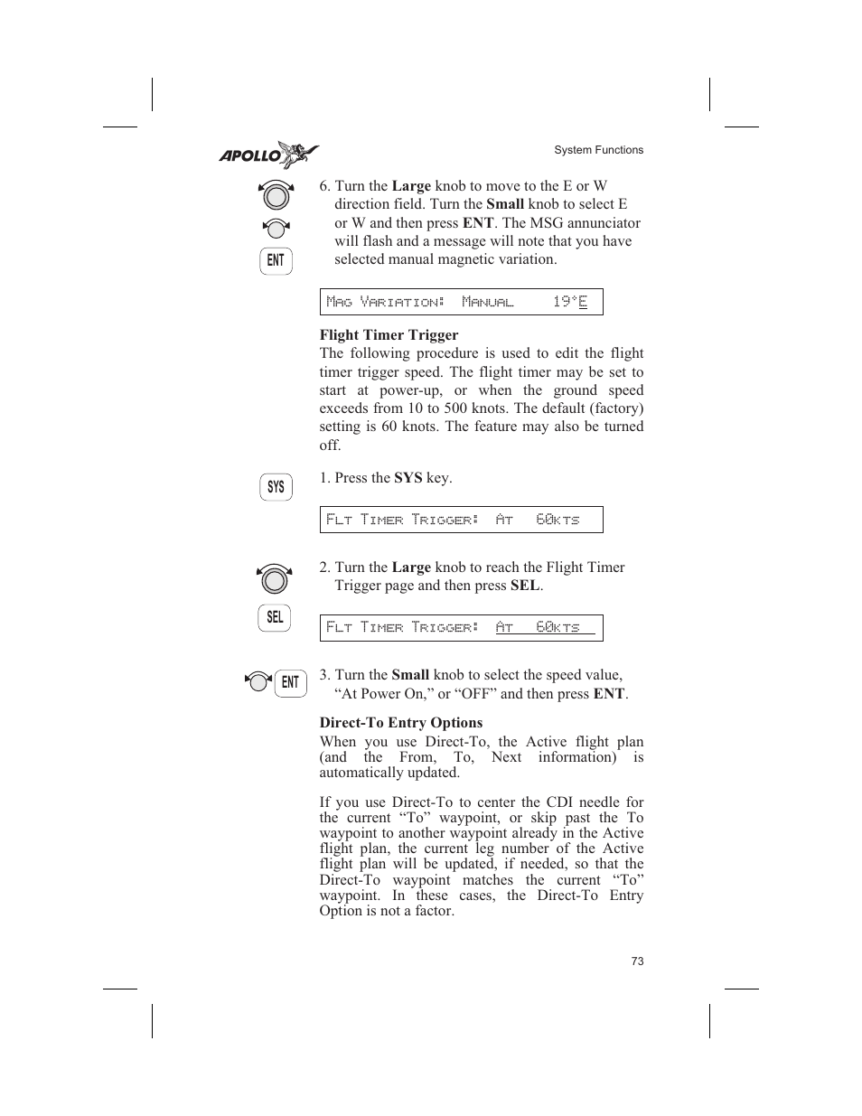 Flight timer trigger 73, Direct-to entry options 73, Flight timer trigger | Direct-to entry options | Garmin SL60 User Manual | Page 83 / 134