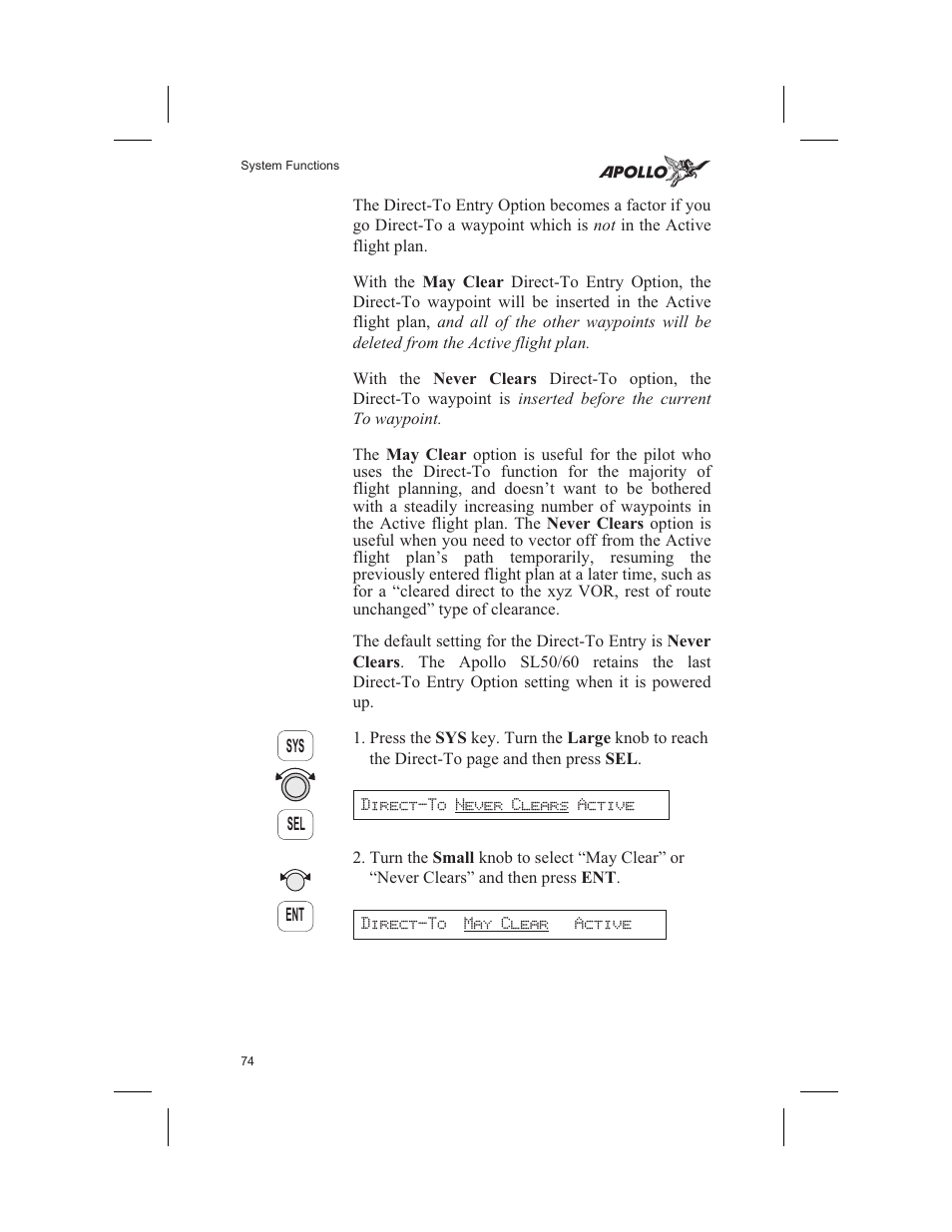 May clear 74, Never clears 74 | Garmin SL60 User Manual | Page 84 / 134