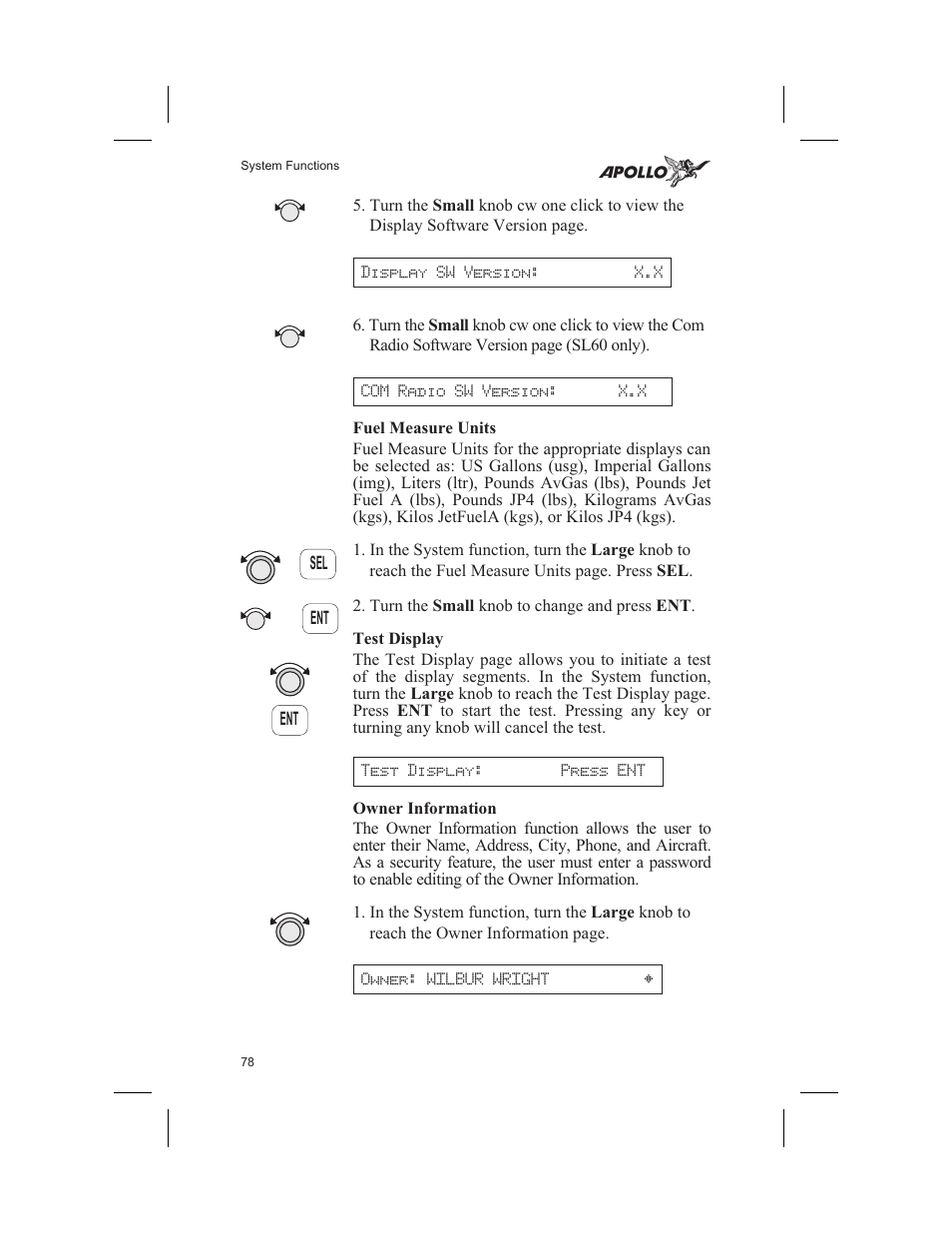 Fuel measure units 78, Test display 78, Owner information 78 | Test 78, Display software version 78, Fuel measure units, Test display, Owner information | Garmin SL60 User Manual | Page 88 / 134