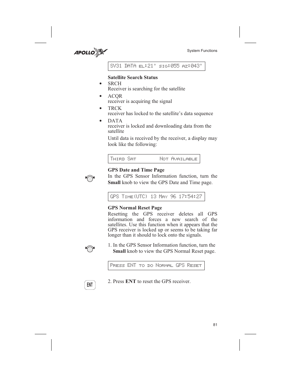 Satellite search status 81, Reset 81, Satellite search status | Garmin SL60 User Manual | Page 91 / 134