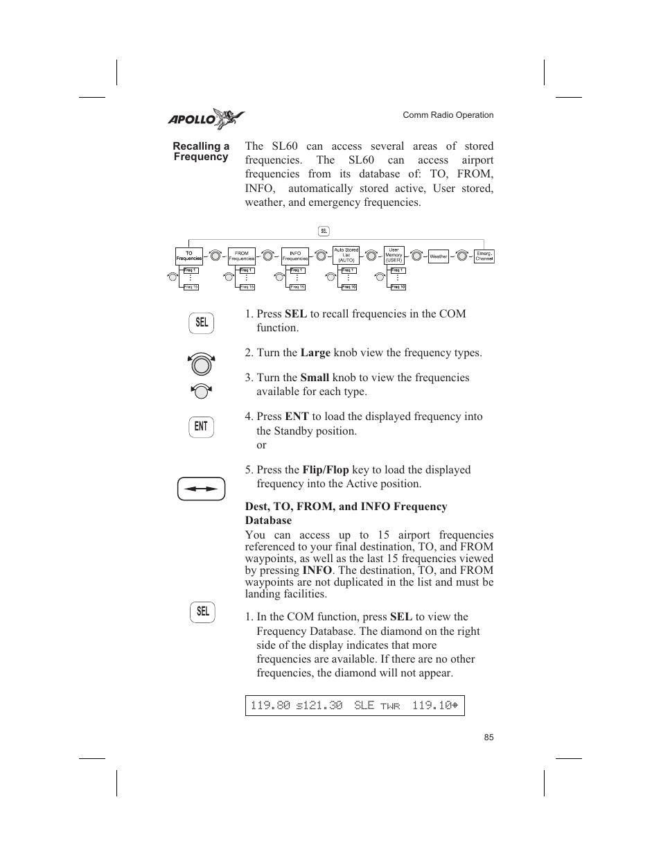 Recalling a frequency 85, To, from, and info frequency database 85, Recalling frequencies 85 | Remote frequencies 85, Recalling a frequency, To, from, and info frequency database | Garmin SL60 User Manual | Page 95 / 134