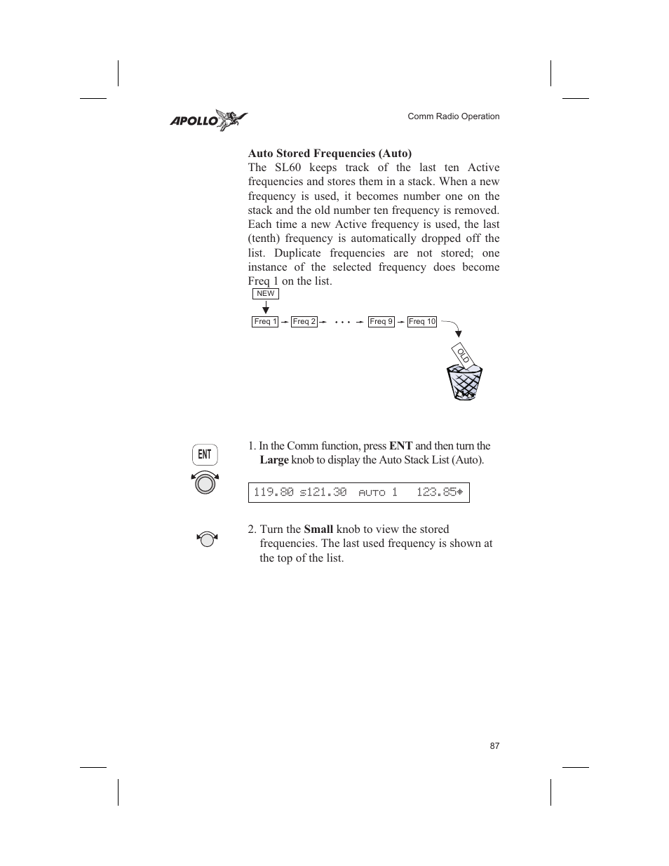 Auto stored frequencies (auto) 87, Auto stack list 87, Auto stored frequencies (auto) | Garmin SL60 User Manual | Page 97 / 134