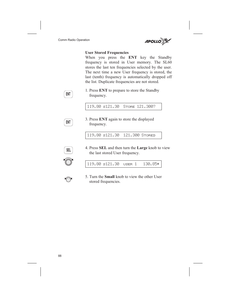 User stored frequencies 88, User frequencies 88, User stored frequencies | Garmin SL60 User Manual | Page 98 / 134