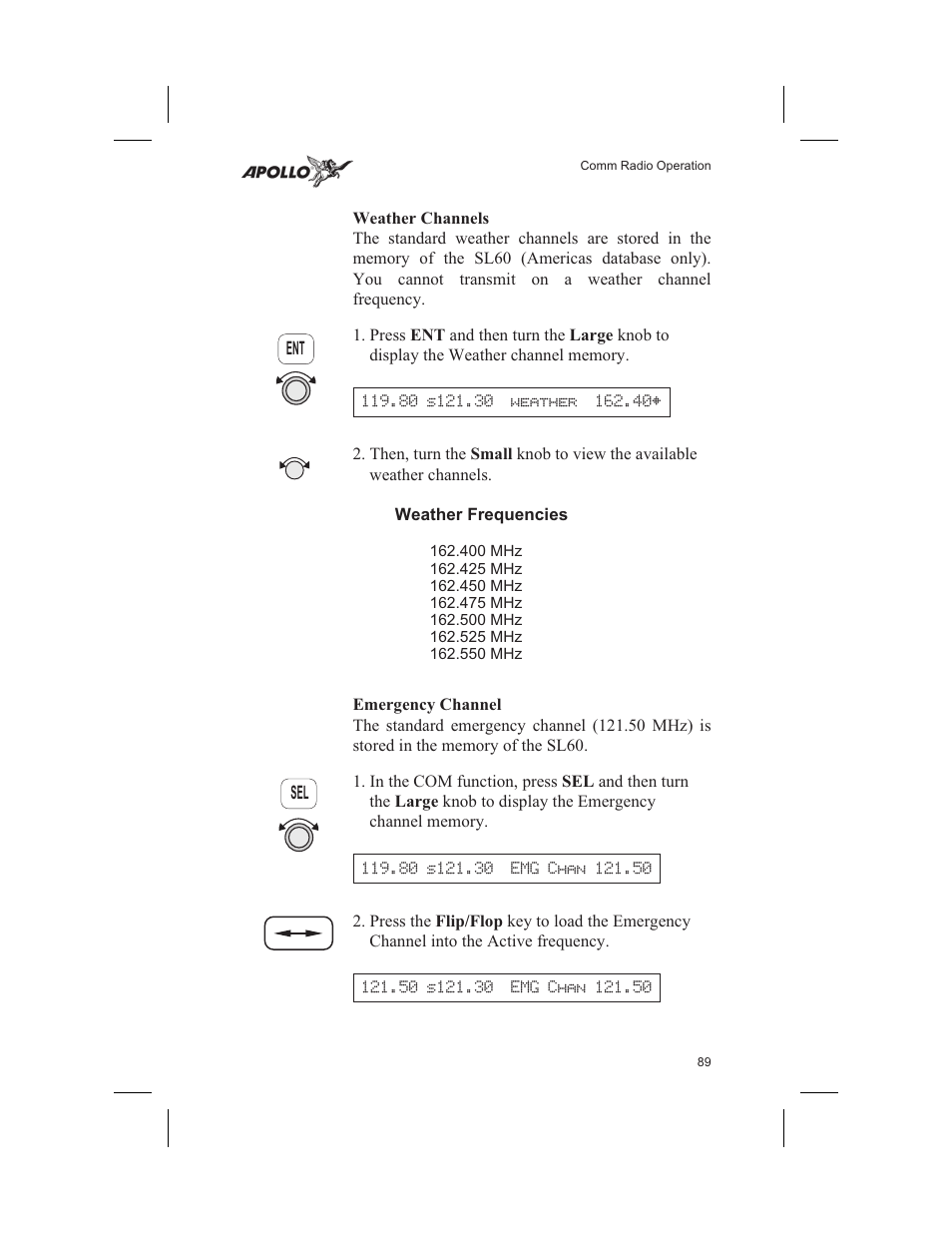 Weather channels 89, Emergency channel 89, Weather channel 89 | Weather channels, Emergency channel | Garmin SL60 User Manual | Page 99 / 134