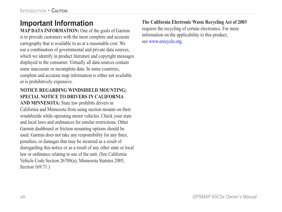 Important information, Viii | Garmin GPSMAP 60CSx User Manual | Page 10 / 116