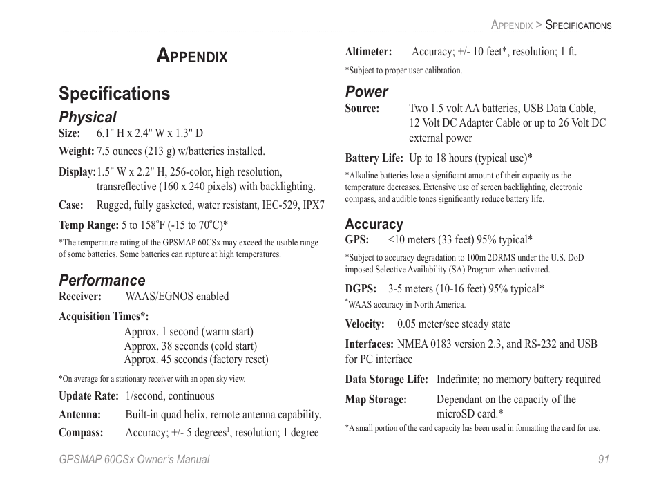 Appendix, Specifications, Physical | Performance, Power, Ppendix, Accuracy | Garmin GPSMAP 60CSx User Manual | Page 101 / 116