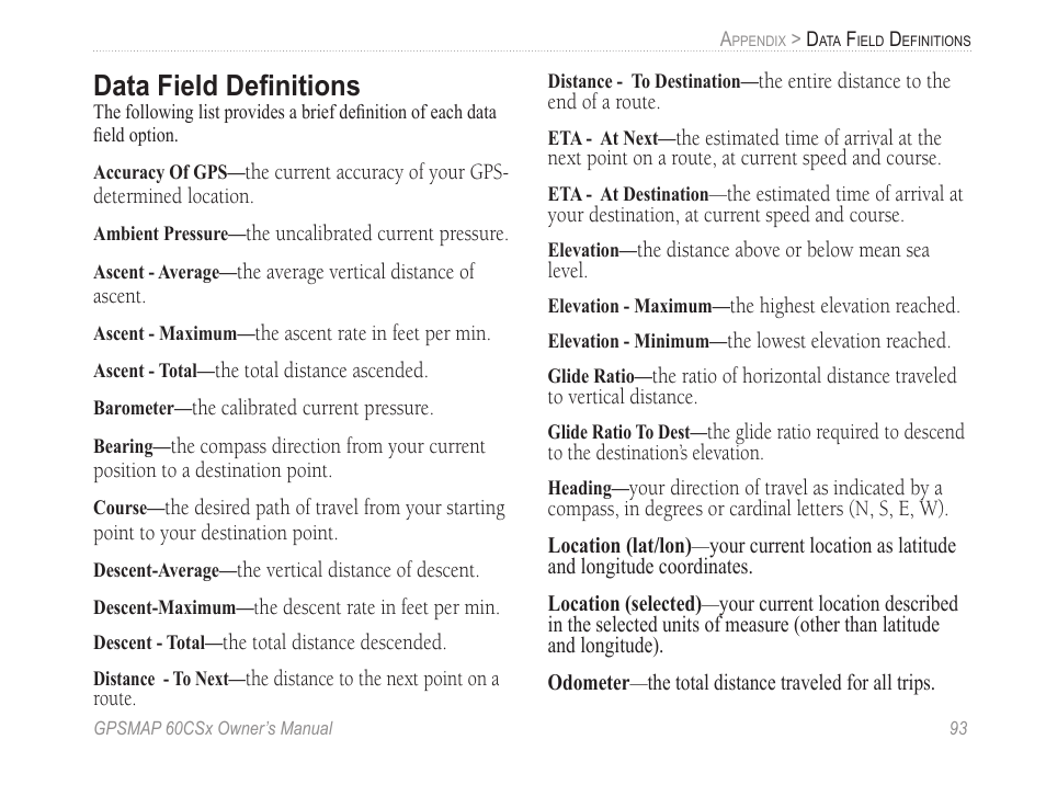 Data field definitions | Garmin GPSMAP 60CSx User Manual | Page 103 / 116