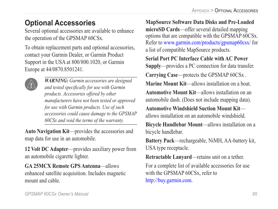 Optional accessories | Garmin GPSMAP 60CSx User Manual | Page 105 / 116