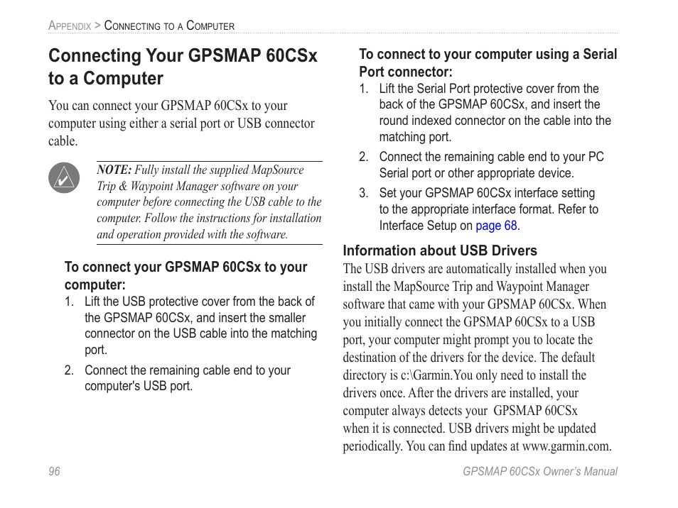 Connecting your gpsmap 60csx to a computer | Garmin GPSMAP 60CSx User Manual | Page 106 / 116
