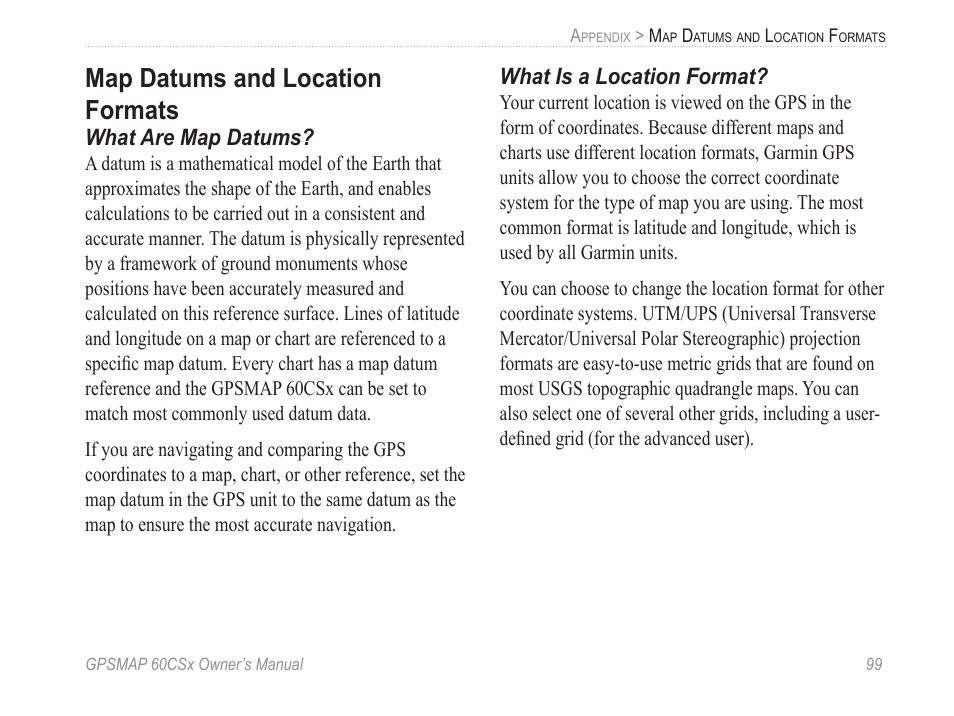 Map datums and location formats, What are map datums, What is a location format | Garmin GPSMAP 60CSx User Manual | Page 109 / 116