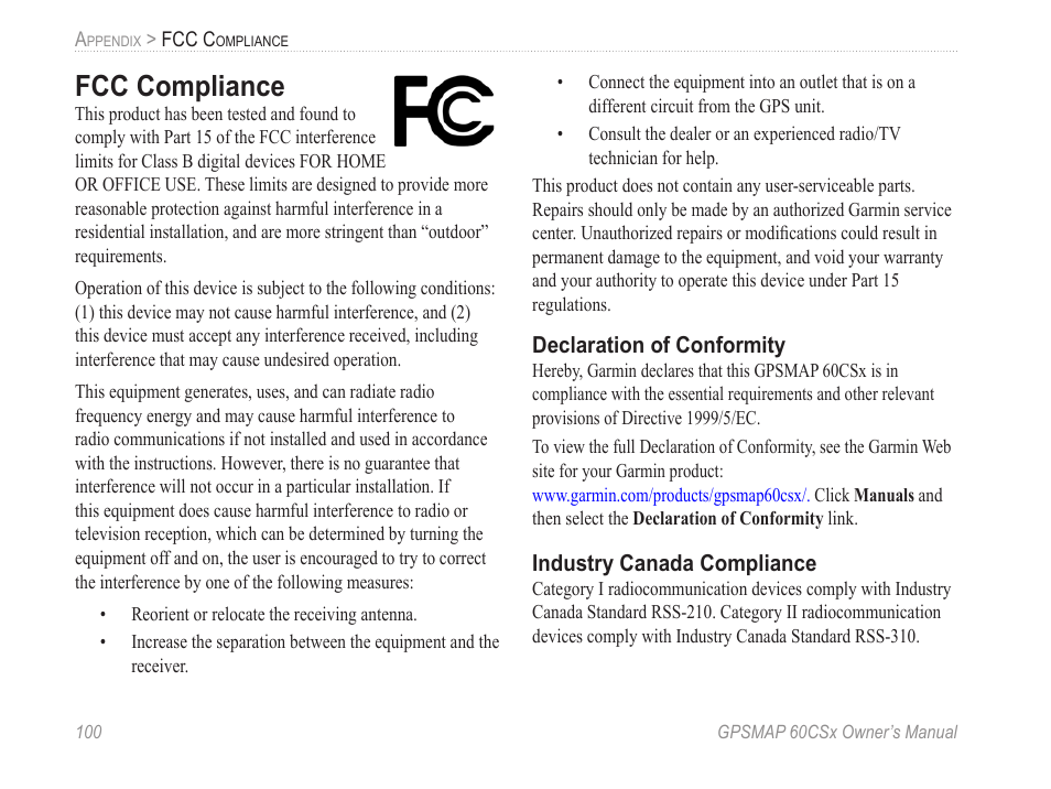 Fcc compliance | Garmin GPSMAP 60CSx User Manual | Page 110 / 116