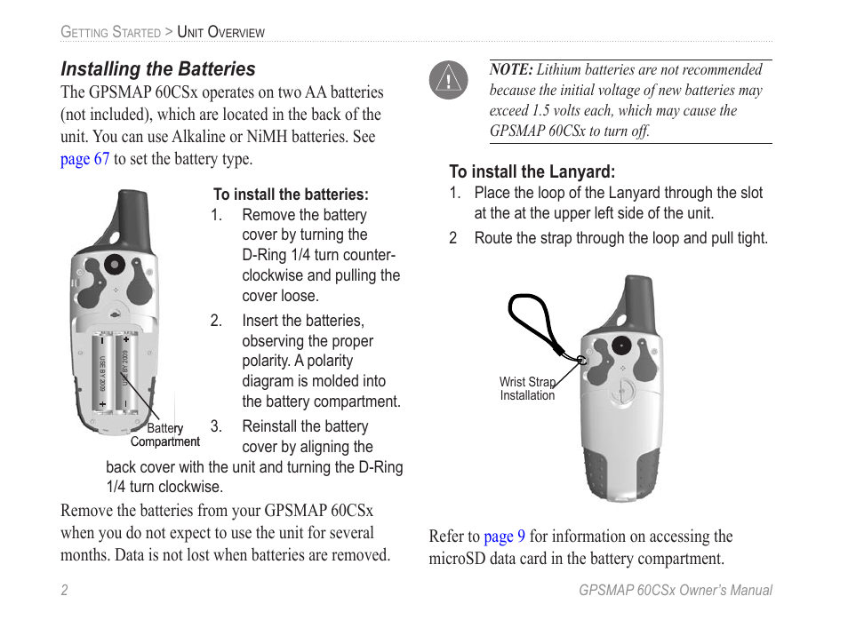 Installing the batteries | Garmin GPSMAP 60CSx User Manual | Page 12 / 116