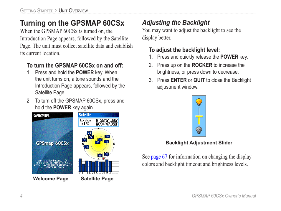 Turning on the gpsmap 60csx, Adjusting the backlight | Garmin GPSMAP 60CSx User Manual | Page 14 / 116