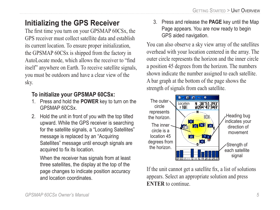 Initializing the gps receiver | Garmin GPSMAP 60CSx User Manual | Page 15 / 116