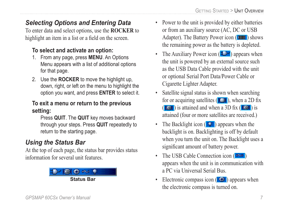 Selecting options and entering data, Using the status bar | Garmin GPSMAP 60CSx User Manual | Page 17 / 116