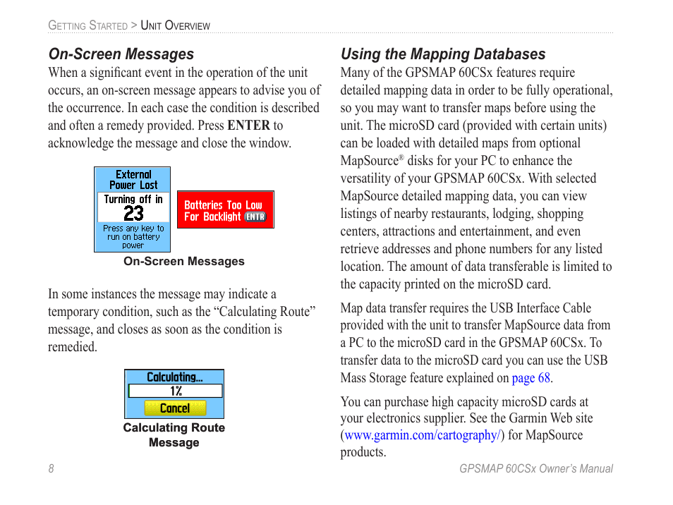 On-screen messages, Using the mapping databases | Garmin GPSMAP 60CSx User Manual | Page 18 / 116