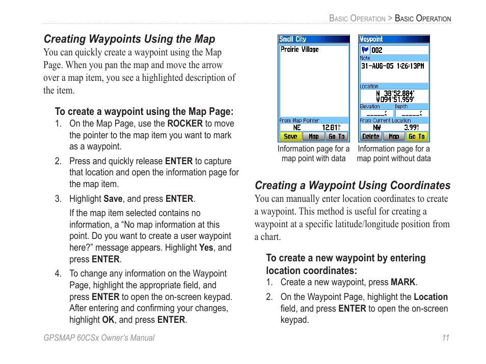 Creating waypoints using the map, Creating a waypoint using coordinates | Garmin GPSMAP 60CSx User Manual | Page 21 / 116