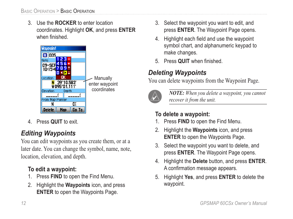Editing waypoints, Deleting waypoints | Garmin GPSMAP 60CSx User Manual | Page 22 / 116