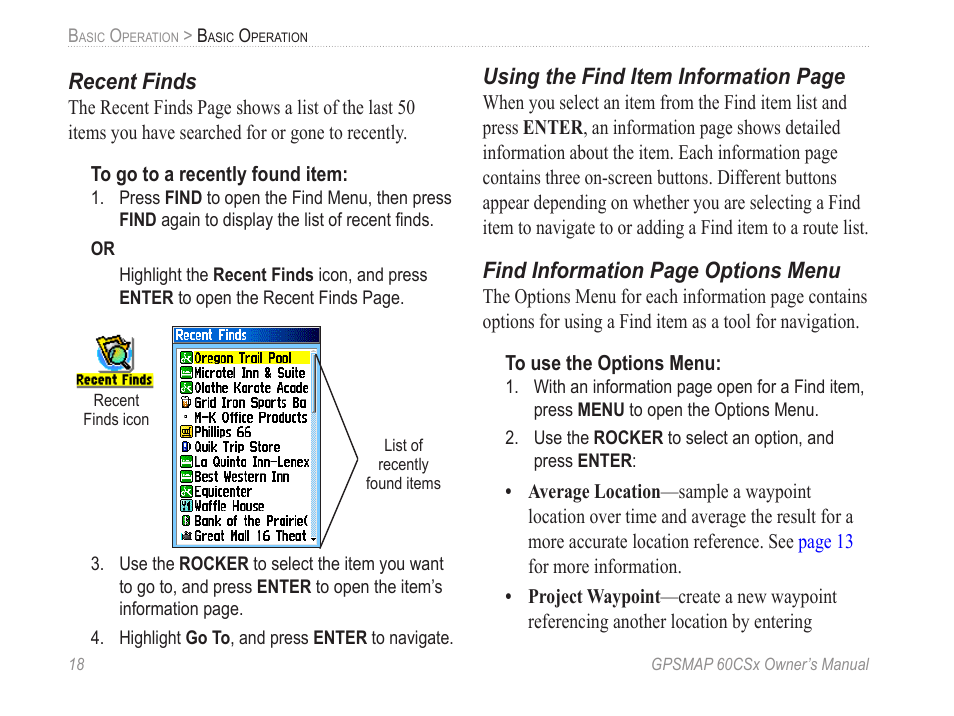 Recent finds, Using the find item information page, Find information page options menu | Garmin GPSMAP 60CSx User Manual | Page 28 / 116