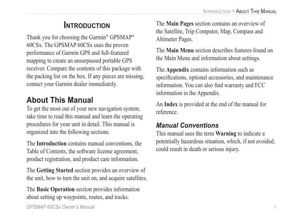 Introduction, About this manual, Manual conventions | Garmin GPSMAP 60CSx User Manual | Page 3 / 116