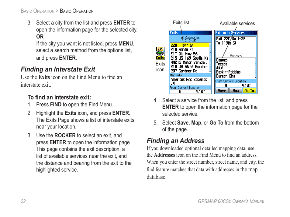 Finding an interstate exit, Finding an address | Garmin GPSMAP 60CSx User Manual | Page 32 / 116