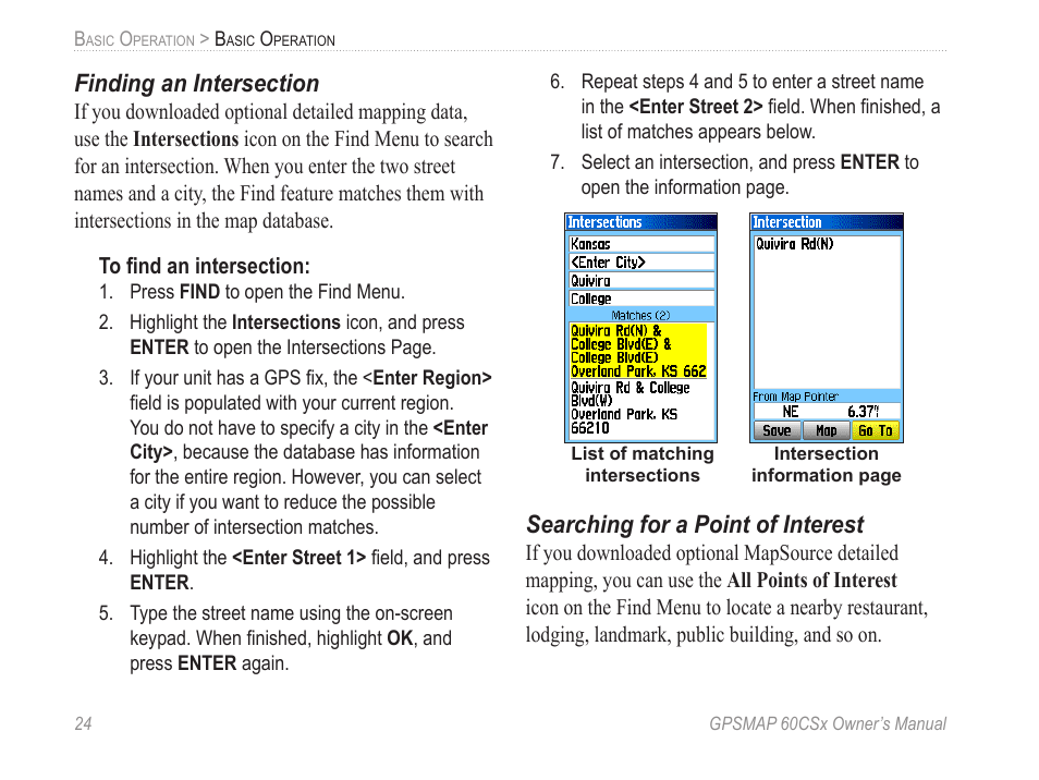 Finding an intersection, Searching for a point of interest | Garmin GPSMAP 60CSx User Manual | Page 34 / 116