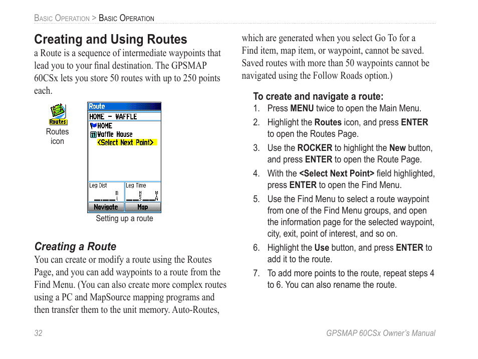 Creating and using routes, Creating a route, Routes” on | For more information | Garmin GPSMAP 60CSx User Manual | Page 42 / 116
