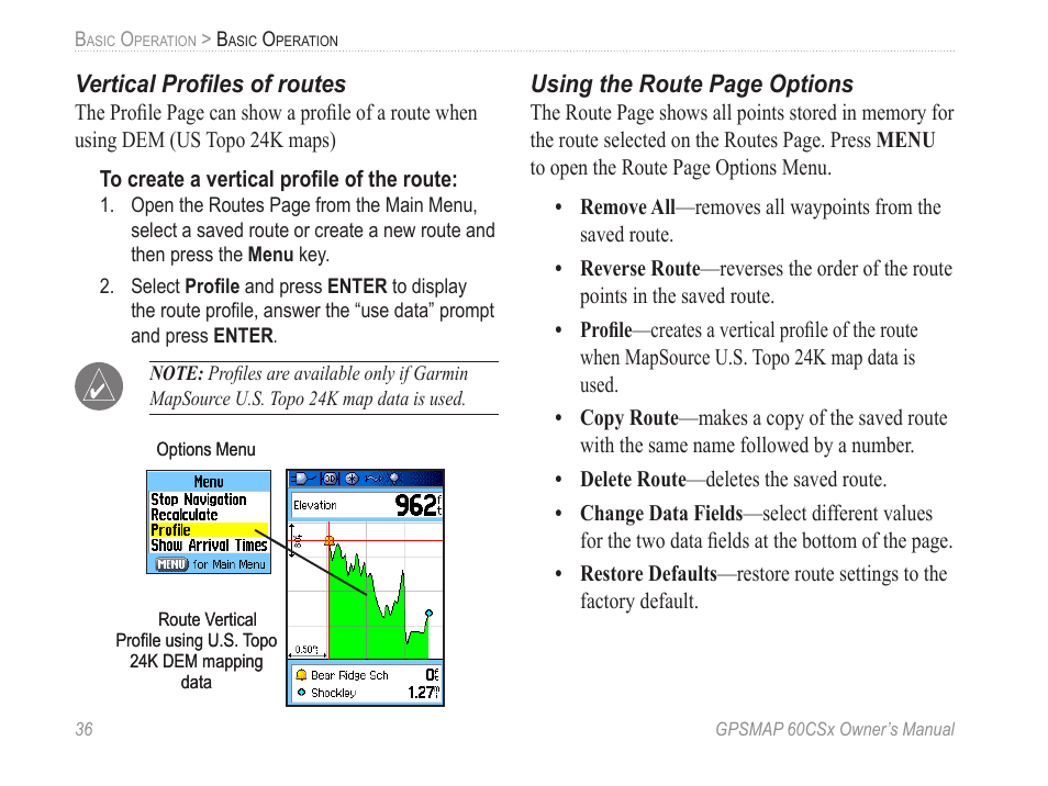 Vertical profiles of routes, Using the route page options | Garmin GPSMAP 60CSx User Manual | Page 46 / 116