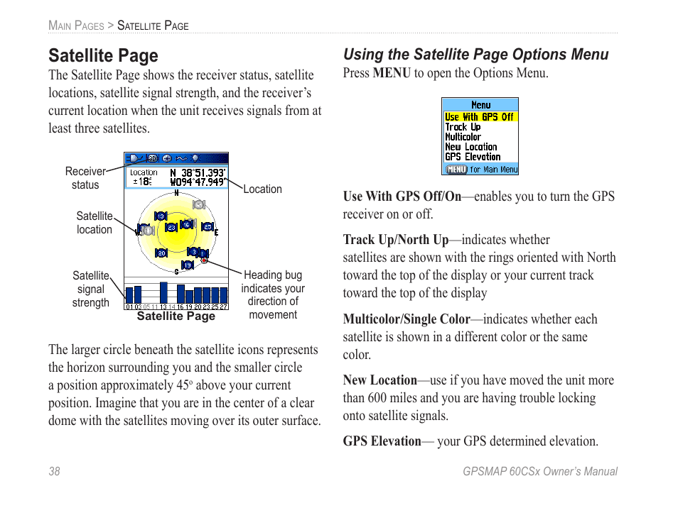 Satellite page, Using the satellite page options menu | Garmin GPSMAP 60CSx User Manual | Page 48 / 116