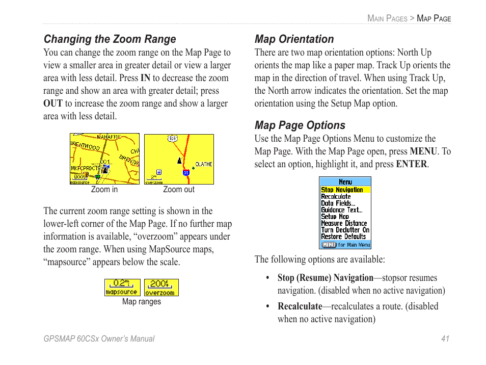 Changing the zoom range, Map orientation | Garmin GPSMAP 60CSx User Manual | Page 51 / 116