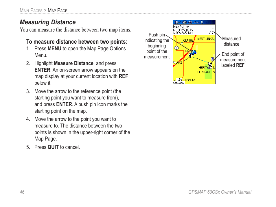 Measuring distance | Garmin GPSMAP 60CSx User Manual | Page 56 / 116