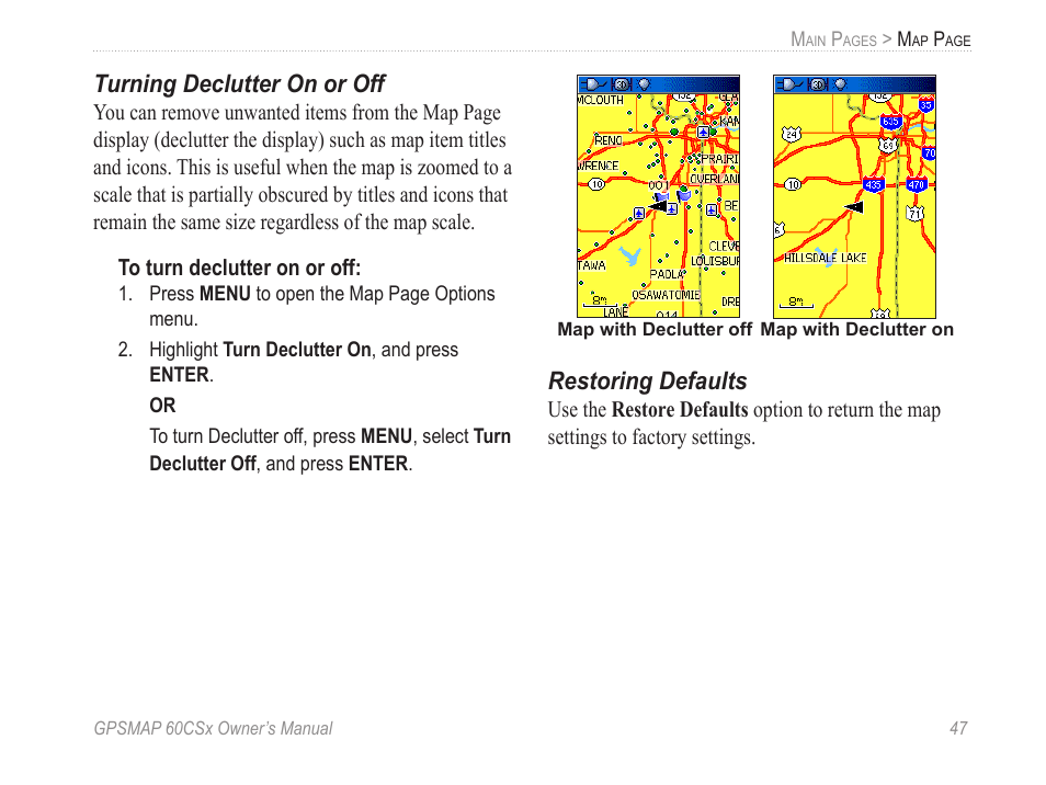 Turning declutter on or off, Restoring defaults | Garmin GPSMAP 60CSx User Manual | Page 57 / 116