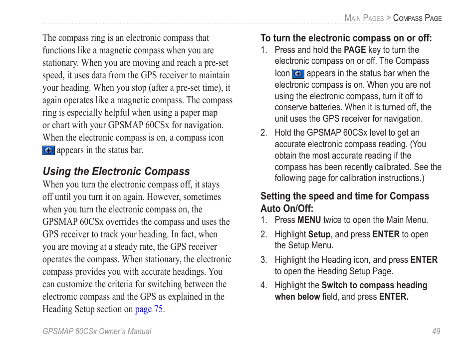 Using the electronic compass | Garmin GPSMAP 60CSx User Manual | Page 59 / 116