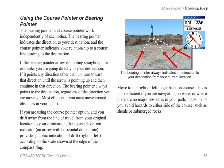 Using the course pointer or bearing pointer | Garmin GPSMAP 60CSx User Manual | Page 63 / 116