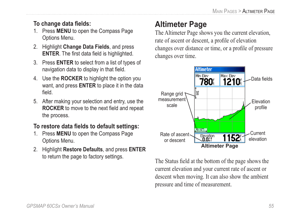 Altimeter page | Garmin GPSMAP 60CSx User Manual | Page 65 / 116