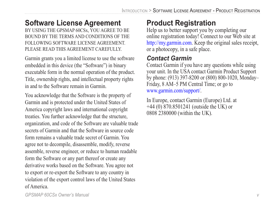 Software license agreement, Product registration, Contact garmin | Garmin GPSMAP 60CSx User Manual | Page 7 / 116