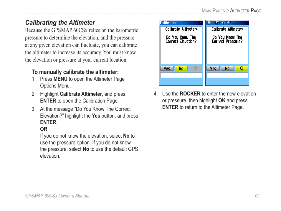 Calibrating the altimeter | Garmin GPSMAP 60CSx User Manual | Page 71 / 116