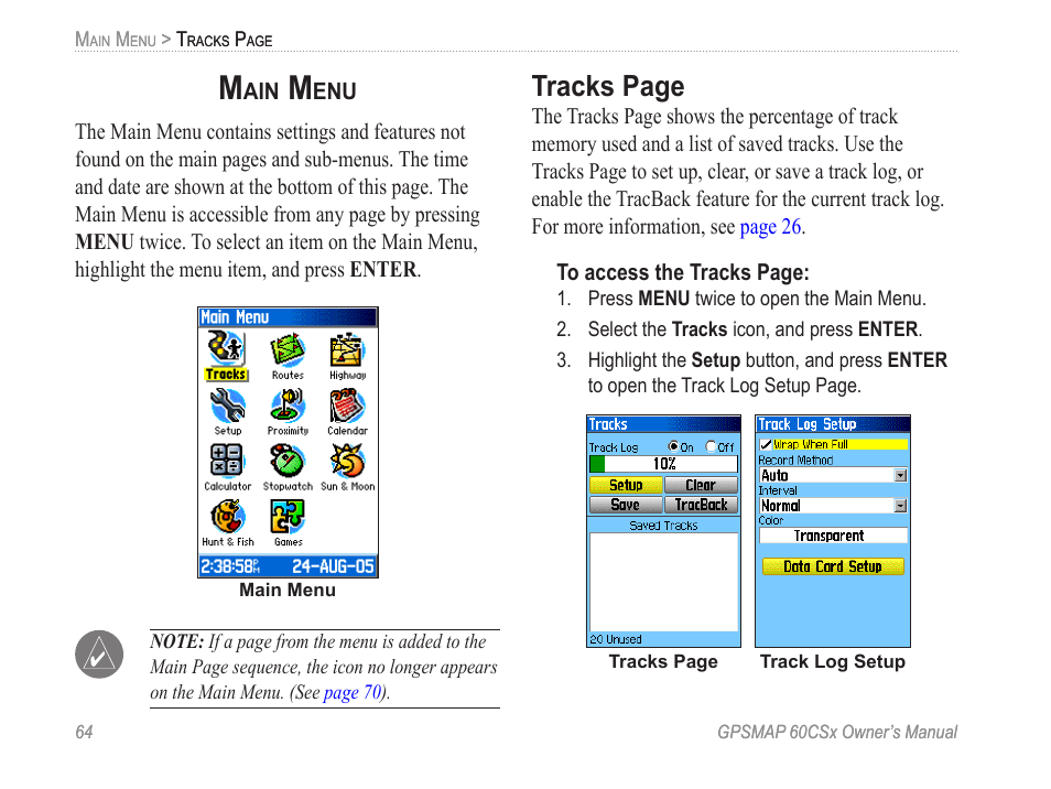 Main menu, Tracks page | Garmin GPSMAP 60CSx User Manual | Page 74 / 116