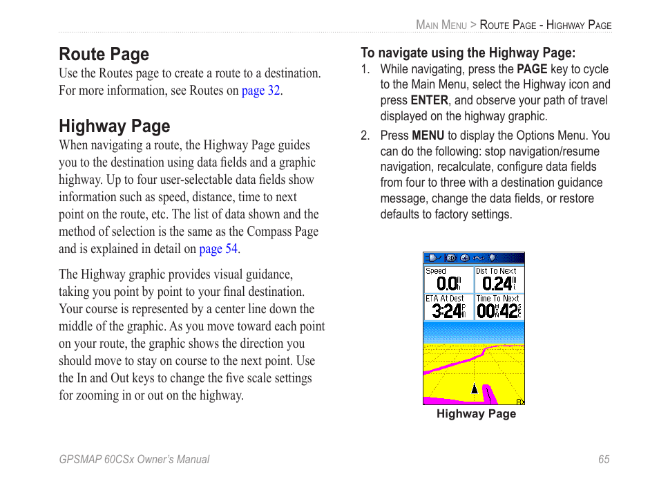Route page, Highway page | Garmin GPSMAP 60CSx User Manual | Page 75 / 116