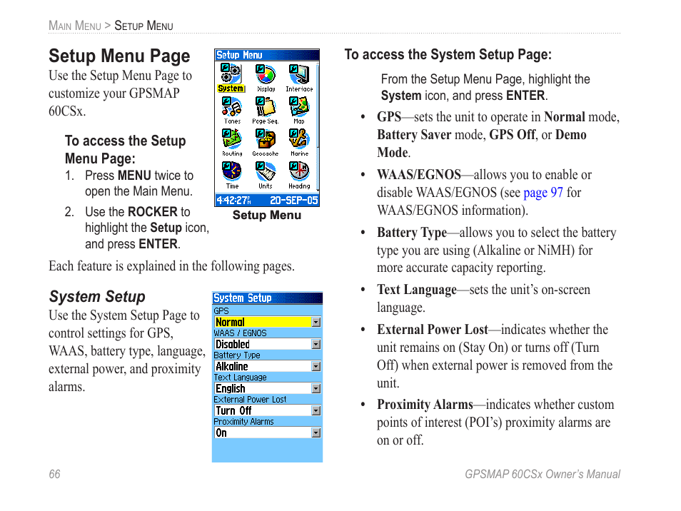 System setup, Setup menu page | Garmin GPSMAP 60CSx User Manual | Page 76 / 116
