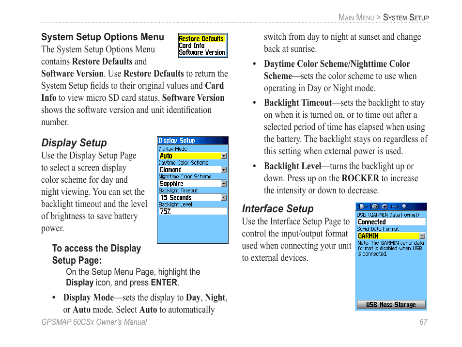 Display setup, Interface setup | Garmin GPSMAP 60CSx User Manual | Page 77 / 116
