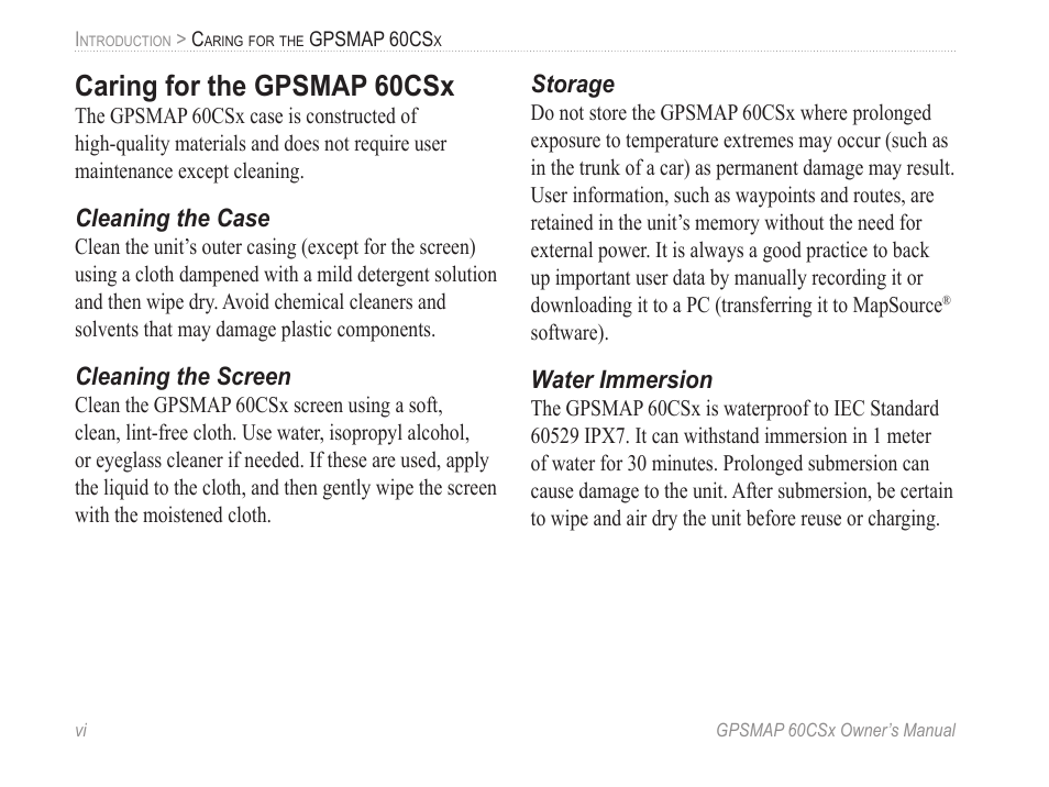 Caring for the gpsmap 60csx, Cleaning the case, Cleaning the screen | Storage, Water immersion | Garmin GPSMAP 60CSx User Manual | Page 8 / 116