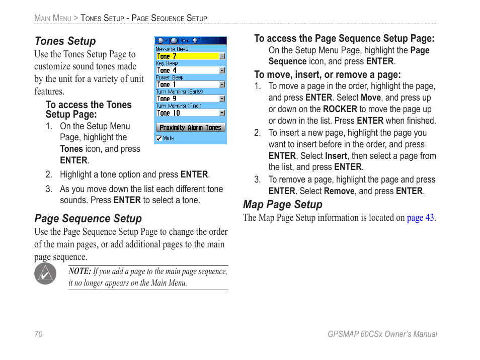 Tones setup, Page sequence setup, Map page setup | Garmin GPSMAP 60CSx User Manual | Page 80 / 116