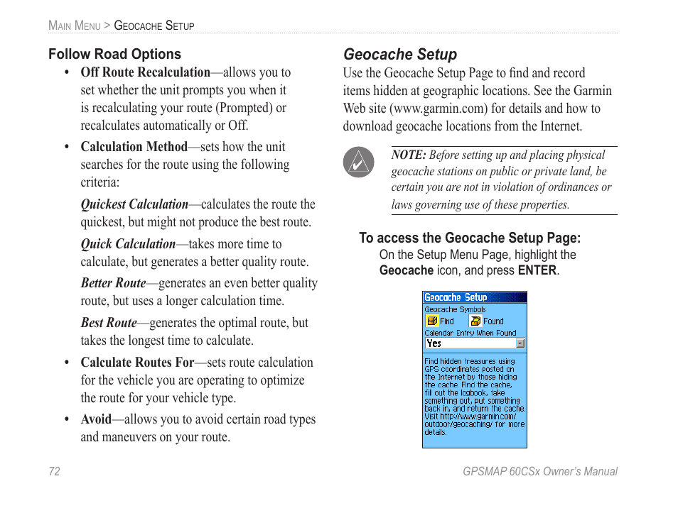 Geocache setup | Garmin GPSMAP 60CSx User Manual | Page 82 / 116