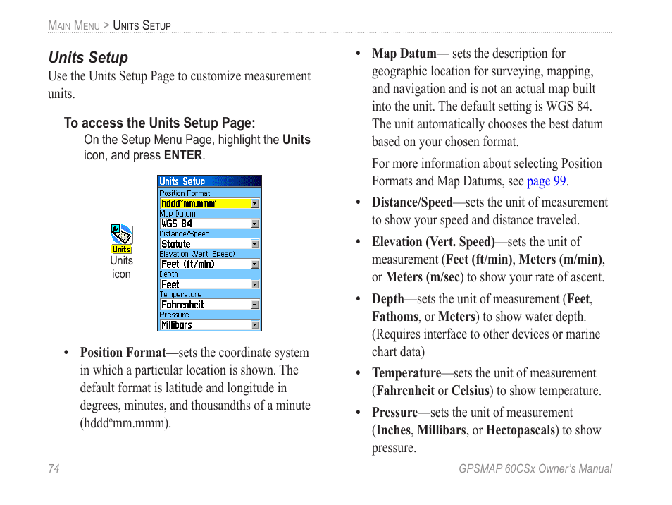 Units setup | Garmin GPSMAP 60CSx User Manual | Page 84 / 116