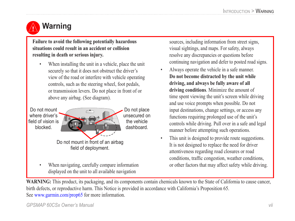 Warning | Garmin GPSMAP 60CSx User Manual | Page 9 / 116